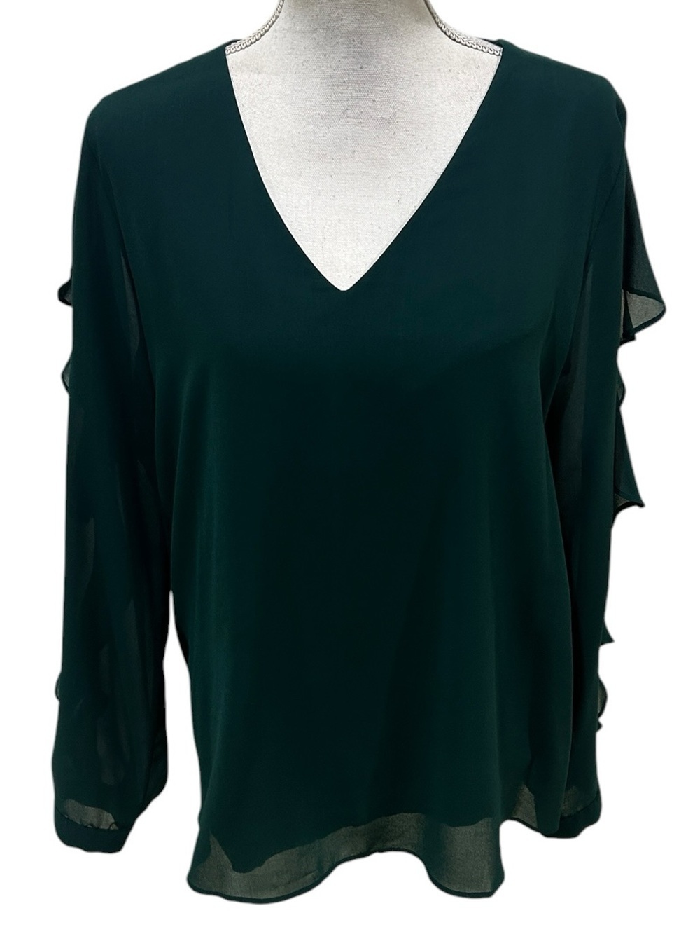 Calvin Klein Dark Green V-Neck Ruffle Sleeve sheer Blouse size large